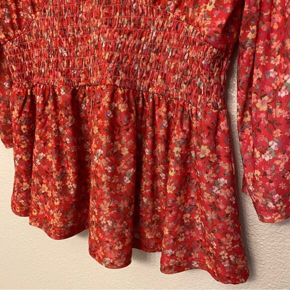 Lane Bryant micro Floral Print v Neck Peasant Prairie boho mesh Blouse red 14/16 - Picture 3 of 11
